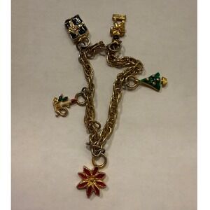 Vintage Gold Tone Christmas Holiday Enamel Charm Bracelet Tree Poinsettia Gift